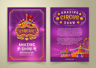 Vector circus flyer, cartoon banner, purple background with vintage emblem of the cirque and space for your text. Poster for advertising an amazing circus show, invitation, admission ticket - obrazy, fototapety, plakaty