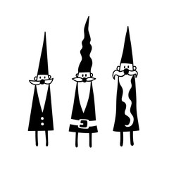 Santa Claus silhouette set. Elves, Nisser isolated on white. Scandinavian design, nordic style decoration elements. Vector illustration for print card or web