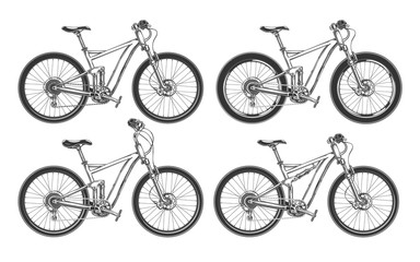 Sports bicycles, BMX, motocross and mountain bikes for competition, set of black vector illustrations isolated on a white background
