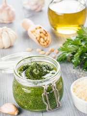 Homemade parsley pesto sauce ingredients