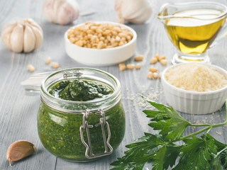 Homemade parsley pesto sauce ingredients