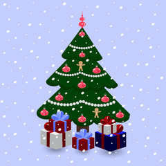 Decorated Christmas tree with gifts on a snowy background