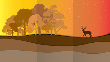 Deer in the forest abstract background, paper art style vector illustration.