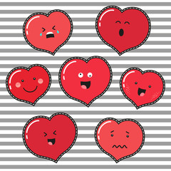 Cute set of fashion patches with cartoon characters of hearts emoji