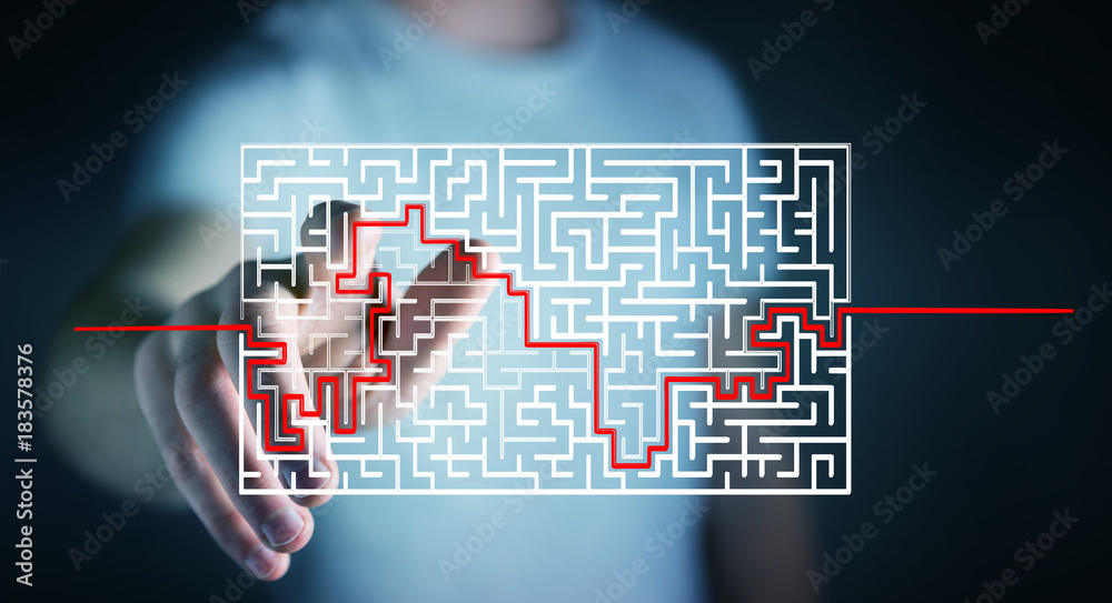 Poster businessman searching solution of a complicated maze