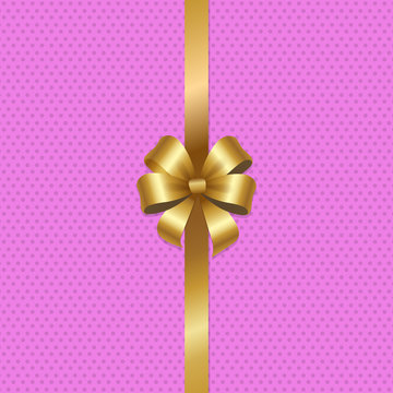 Tied Gold Bow with Ribbon in Center of Vector Pink