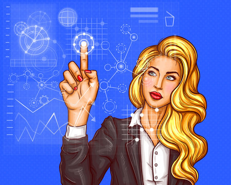 Business woman pressing the index finger on the touchscreen, virtual holographic screen, control panel with HUD interface, vector pop art illustration on a blue background.