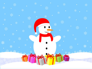Snowman surrounded by Christmas presents