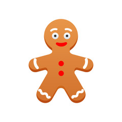 Gingerbread man with red candies and white icing. Christmas Greeting Cookies. New Year winter holidays traditional dessert. Vector illustration isolated on white background.