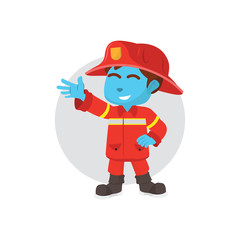 Blue boy firefighter waving his hand– stock illustration
