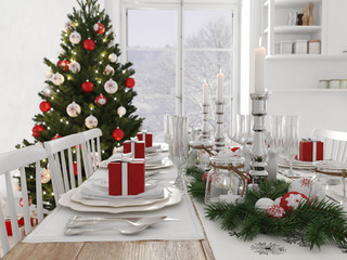 nordic kitchen with christmas decoration by day. 3d rendering