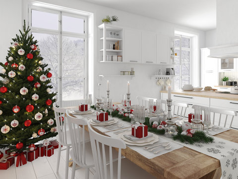 nordic kitchen with christmas decoration by day. 3d rendering