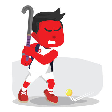 Red field hockey player running catching ball– stock illustration
