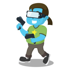 Blue nerd playing virtual reality– stock illustration
