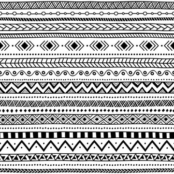 Seamless ethnic pattern. Black and white striped background. Aztec and tribal motifs. Prints for textiles.