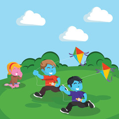 Obraz na płótnie Canvas Kids playing kite at the hill– stock illustration 