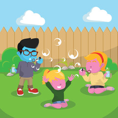 Kids playing soap bubbles at the backyard– stock illustration
