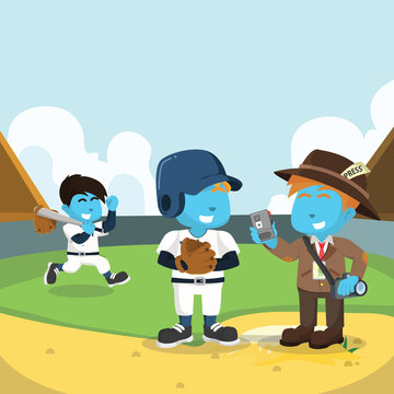 Blue journalist interviewing blue baseball player– stock illustration
