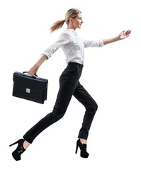 Happy young woman in formal wear jumping .