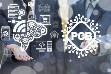 Printed Circuit Board Smart Nano Digital Technology. Businessmans using virtual interface offers PCB microchip button and brain gears, electonics devices icons.