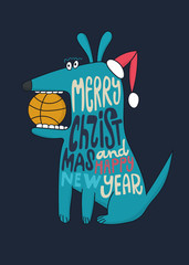 Vector illustration for basketball. Dog Santa, Player, typography design. Print on the T-shirt. Card Christmas and New Year, sports.