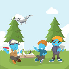 Obraz na płótnie Canvas Blue boy helping friend to assemble drone– stock illustration 