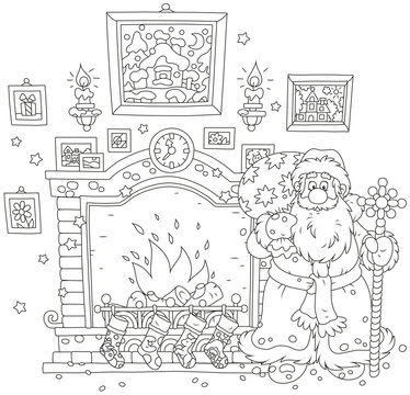 Santa Claus with his gift bag near a fireplace with stockings for Christmas presents

