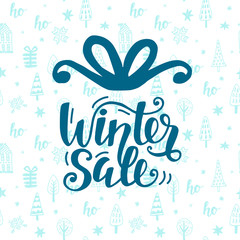 Winter Sale banner with hand lettering and cute christmas doodles pattern background