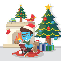 Blue boy reading christmas story with cat– stock illustration
