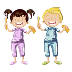 Kids brushing teeth on a white background