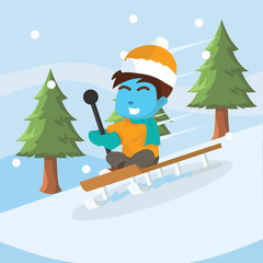 Blue boy sliding with sled– stock illustration
