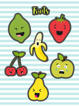 Cute set of fashion patches with cartoon characters of fruits