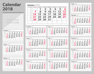 Calendar 2018 starting from Sunday. Vector illustration