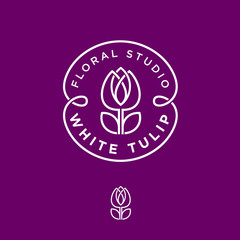 White tulip logo. Flower studio emblem. Beautiful linear logo, in the form of a tulip with letters in the circle.