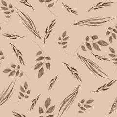     Watercolor seamless pattern, background with a floral pattern. Illustration - Branch, wild grass, plant,  leaf. Vintage pattern on a beige, brown background. 