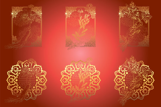 Set of medicina herbs with patterned frames: ginseng, chamomile, celandine. Vector illustration in engraving style, in red and gold.