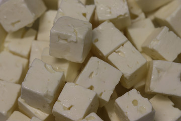 Feta cheese cubes in closeup