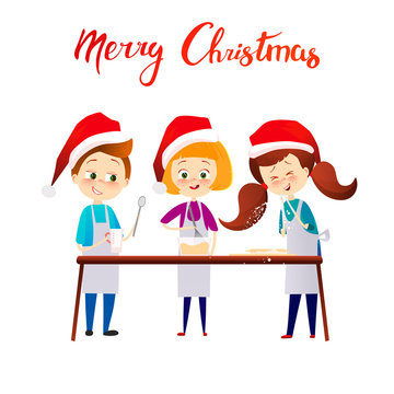 Merry Christmas Happy New Year Kids cooking xmas dinner. Cartoon vector characters. Cute childs in red holiday claus hats making gingerbread. Text and lettering.