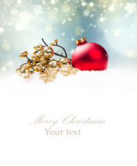 Christmas decoration in snow with free space. Celebration balls and other decoration. Christmas concept