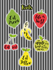 Cute set of fashion patches with fruits and lettering