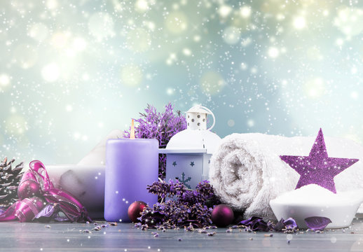 Christmas decoration and Spa on wooden background with free space. Celebration balls and other decoration. Christmas concept