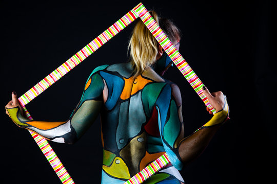 Back of model like stained glass body painting in  frame