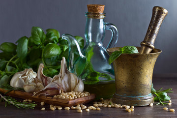 Ingredients for making pesto.