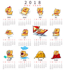 Calendar for 2018 with cute and funny puppies. Symbol of the Chinese New Year. Vector set of cartoon dog character.