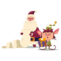 Santa Claus and the elf read a long checking list. Vector cartoon Christmas character isolated on white background.
