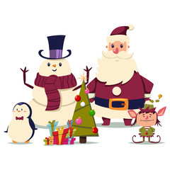 Santa Claus, elf, snowman and cute penguin stand near the Christmas tree. Vector cartoon characters isolated on white background.