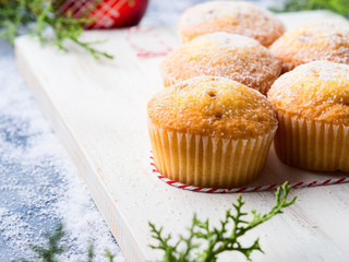 Christmas baking concept - muffins with icing sugar and festive winter decorations