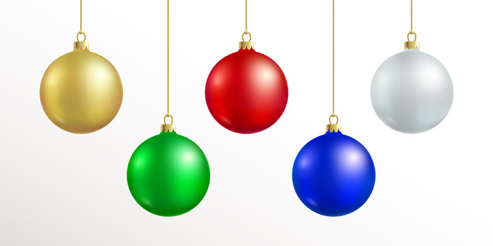 Christmas decoration. Red, blue, silver, gold, green color xmas ball hanging