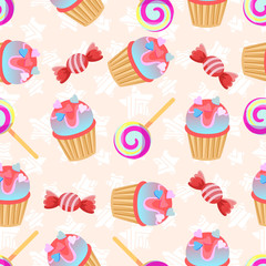 Seamless pink pattern Little delicious cupcake and candy