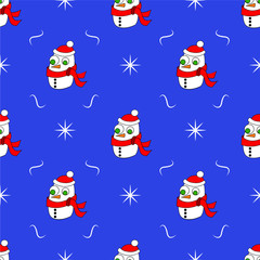 Vector pattern with a snowman and snowflakes.